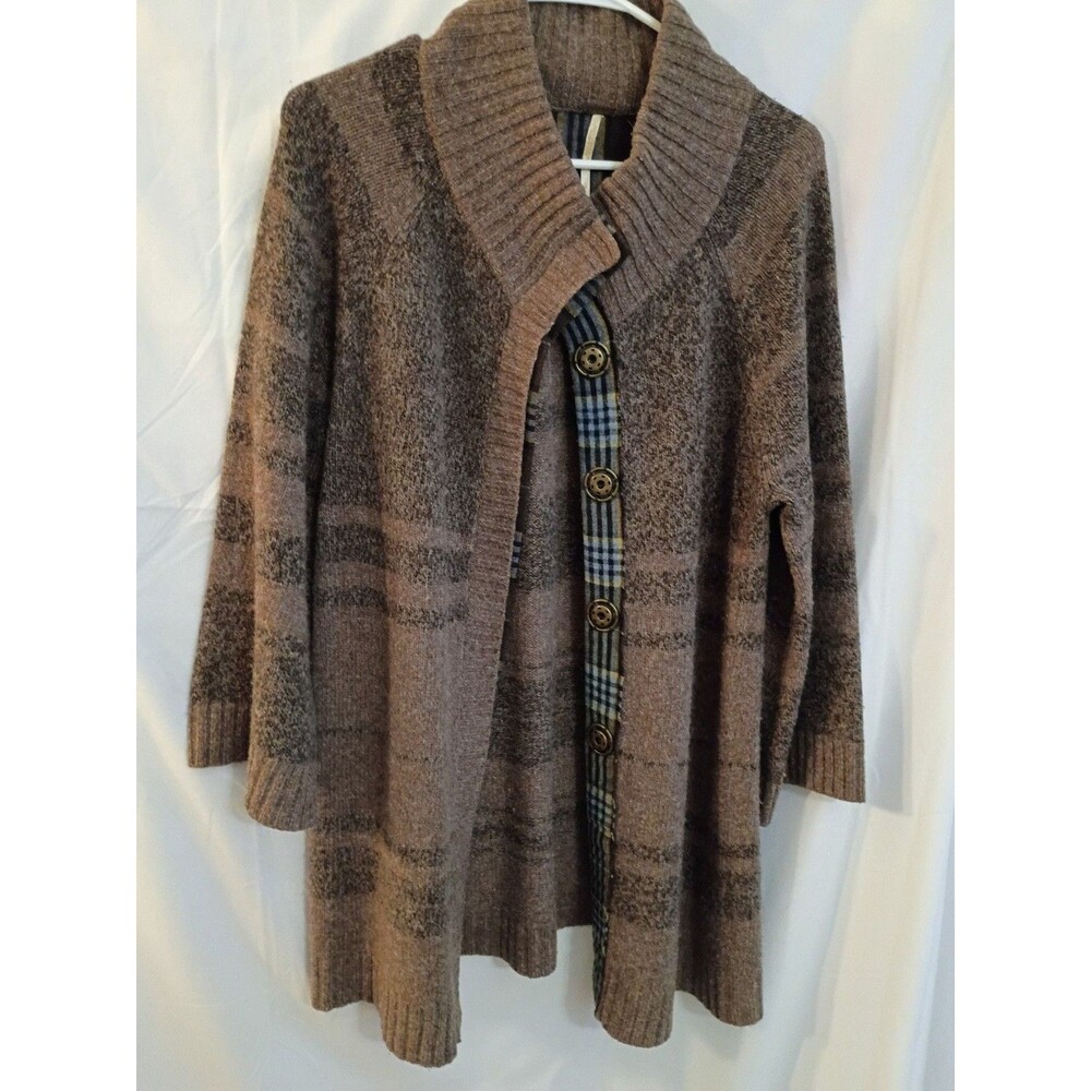 Marisa Christina  Sweater Brown Striped Plaid Cozy, Granola, Cabin
